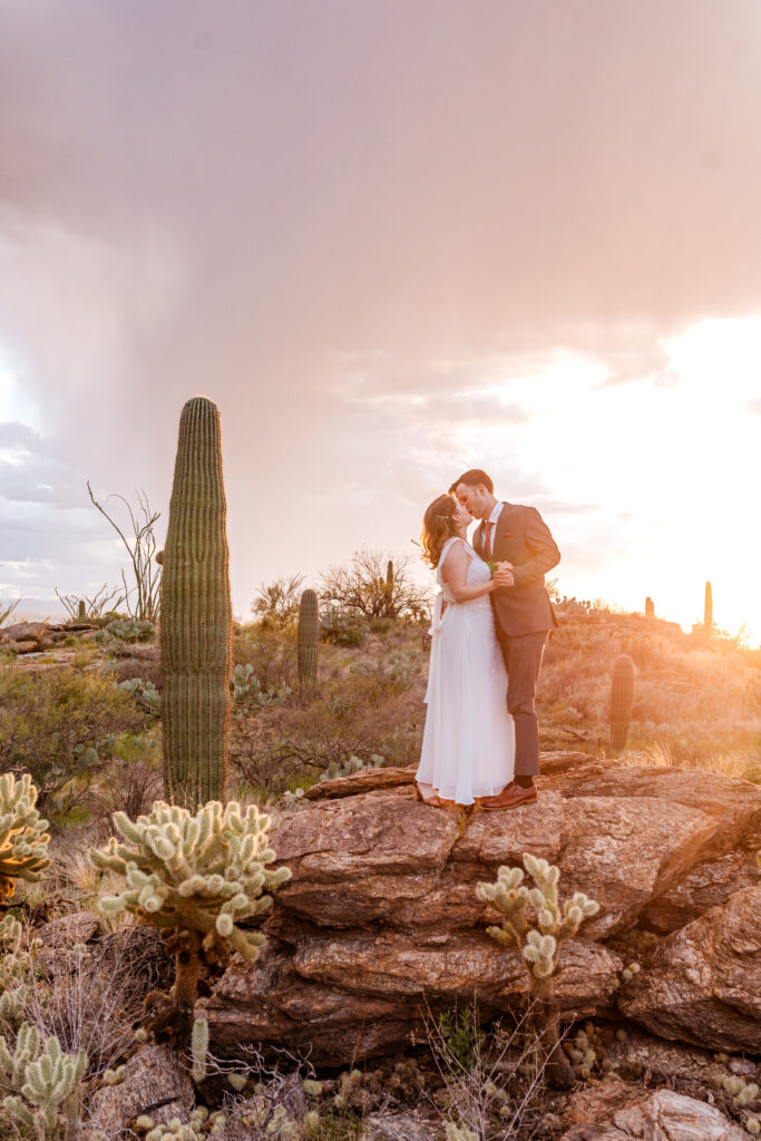 Bride and groom kissing at sunset with pink skies during their Tucson bridal session at Saguaro National Park