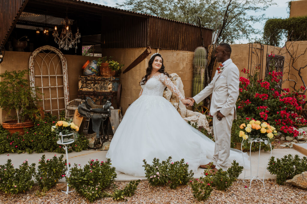 BRIDE AND GROOM POSE AT BOHIO VISTA WEDDING VENUE TUCSON ARIZONA WEDDING VENUES
