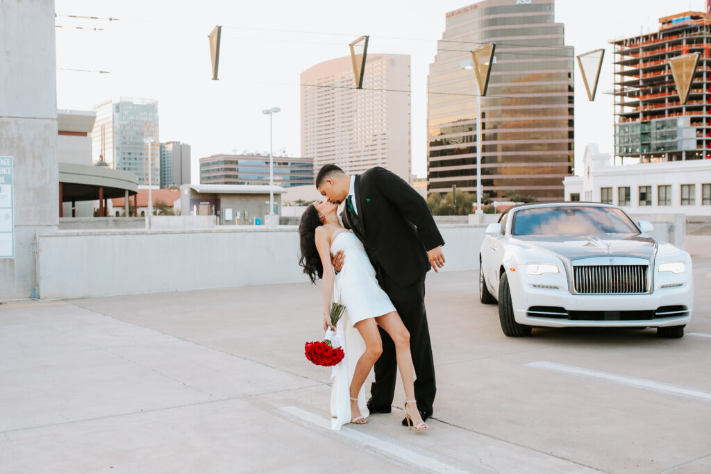 Rooftop elopement session Arizona with Rolls Royce