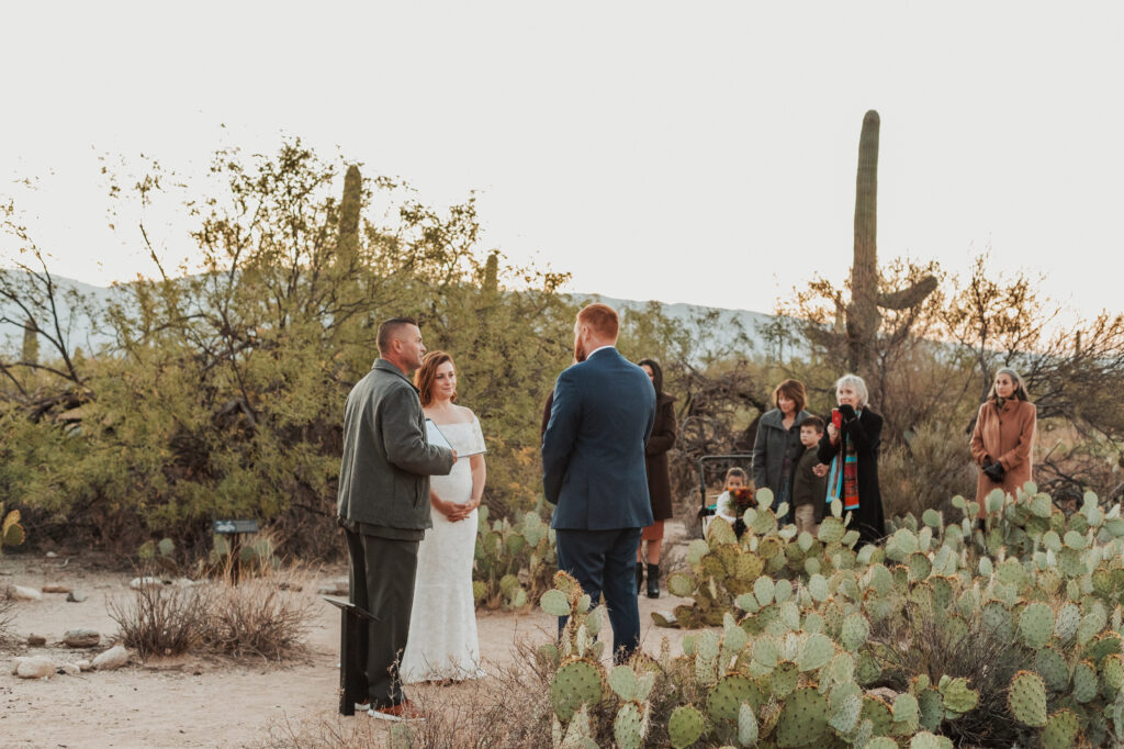 Tucson desert elopement with crested saguaro and mountain views at sunrise