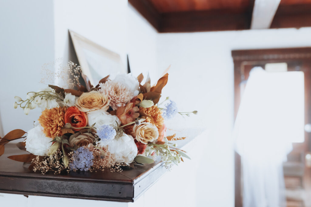 Bridal flower arrangement on top of fireplace at faraway ranch chiricahua national monument willcox arizona