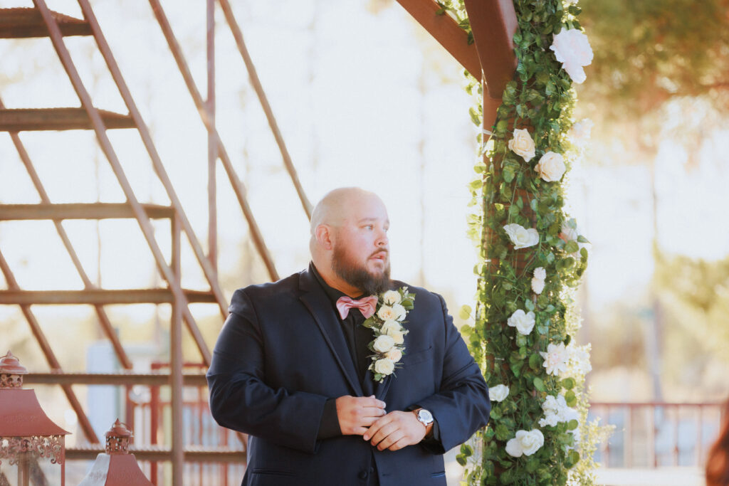 Groom waiting for bride at Rhino Ridge