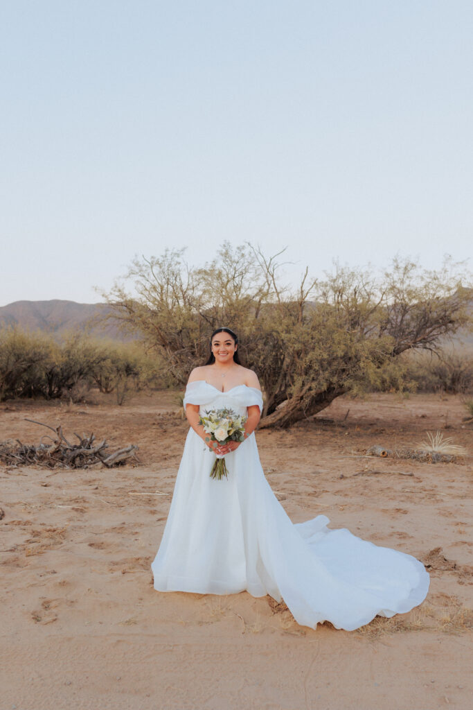 Bride's smile during portraits in Willcox, Arizona