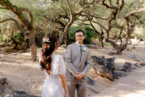 A bride and groom face each other and smile among the desert trees and rocky landscape during their wedding day at Westin La Paloma.