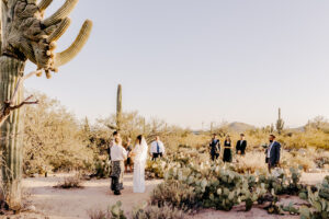 A wide landscape shot of the couple's ceremony at Sabino Canyon, highlighting the vast Tucson desert scenery and rocky terrain.